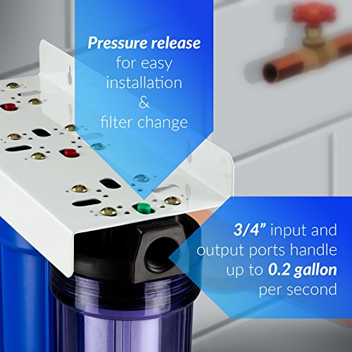 iSpring WCB32+AHPF12MNPT12X2 3 Whole Water Filtration System w/ 20” x 2.5” Oversized Fine Sediment and Carbon Block 3/4" Push-fit Stainless Steel Hose Connectors-Clear 1st Stage Filter Housing, Blue