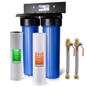 ispring wgb22b 2-stage whole house water filtration system w/ 20” x 4.5” sediment and carbon filters, and 3/4" push-fit braided stainless steel hose connectors - reduces up to 99% chlorine