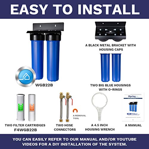 iSpring WGB22B 2-Stage Whole House Water Filtration System w/ 20” x 4.5” Sediment and Carbon Filters, and 3/4" Push-Fit Braided Stainless Steel Hose Connectors - Reduces up to 99% Chlorine