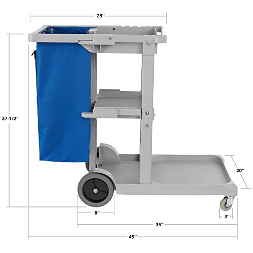 Dryser Commercial Janitorial Cleaning Cart on Wheels - Housekeeping Caddy with Shelves and Vinyl Bag