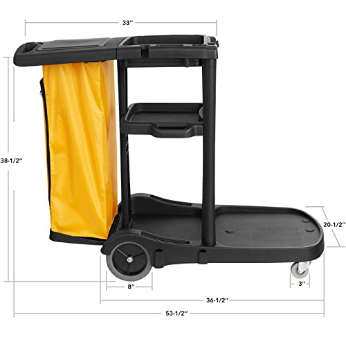 Dryser Commercial Janitorial Cleaning Cart on Wheels - Black Housekeeping Caddy with Cover, Shelves and Vinyl Bag