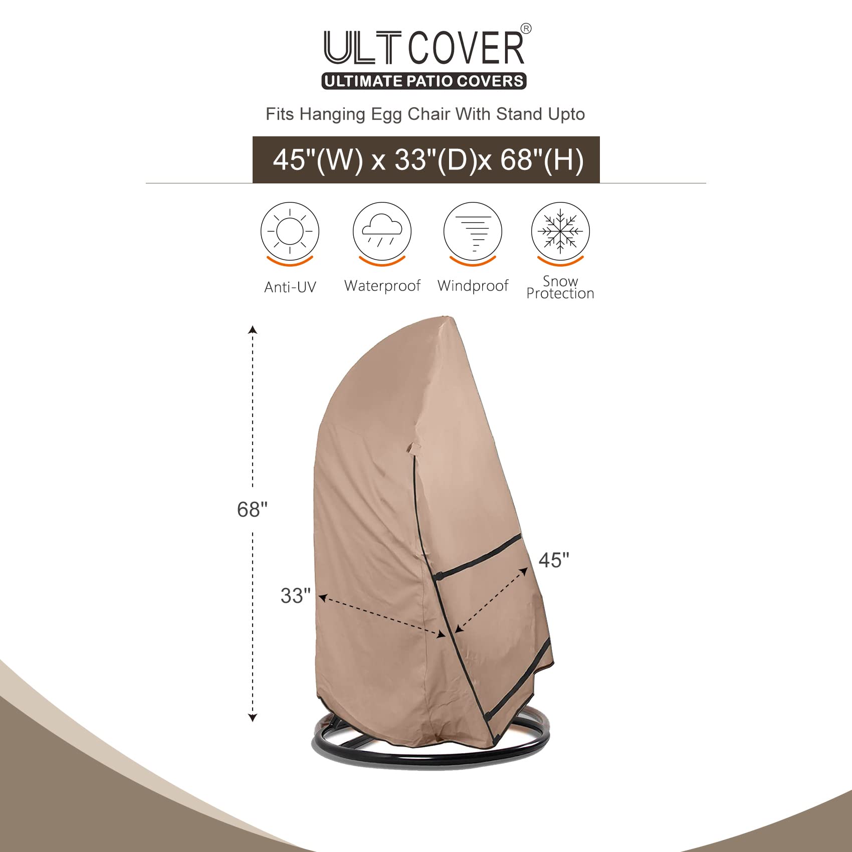 ULTCOVER Patio Hanging Egg Chair Cover - Waterproof Outdoor Single Seat Swing Egg Chair with Stand Cover 45W x 33D x 68H inches