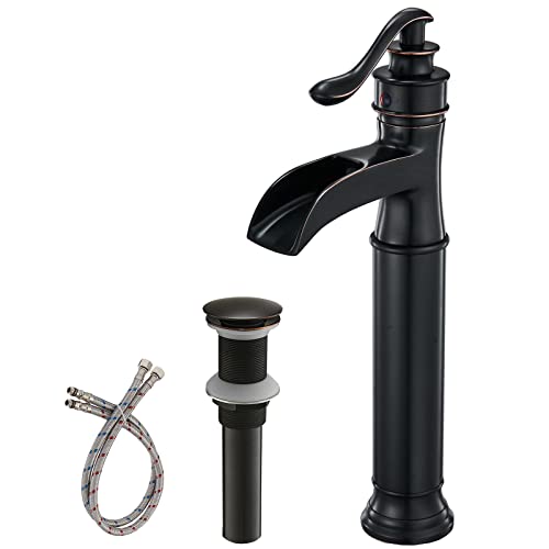 Vessel Sink Faucet Oil Rubbed Bronze Waterfall with Pop Up Drain Assembly Commercial Farmhouse Tall Body Mixer Tap Bowl Single Handle One Hole Without Overflow Supply Line Lead-Free