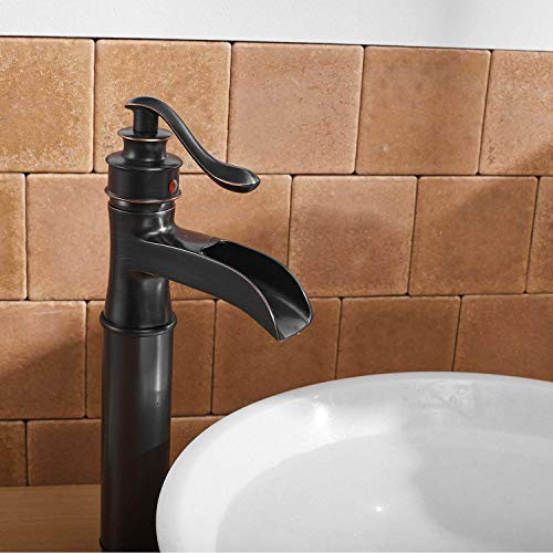 Vessel Sink Faucet Oil Rubbed Bronze Waterfall with Pop Up Drain Assembly Commercial Farmhouse Tall Body Mixer Tap Bowl Single Handle One Hole Without Overflow Supply Line Lead-Free