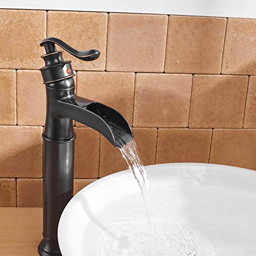 Vessel Sink Faucet Oil Rubbed Bronze Waterfall with Pop Up Drain Assembly Commercial Farmhouse Tall Body Mixer Tap Bowl Single Handle One Hole Without Overflow Supply Line Lead-Free