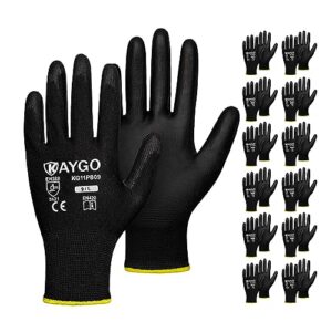 kaygo safety work gloves pu coated-12 pairs, kg11pb, seamless knit glove with polyurethane coated smooth grip on palm & fingers, for men and women, ideal for general duty work (large, black)