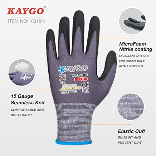 KAYGO Safety Work Gloves MicroFoam Nitrile Coated-3 Pairs, KG18NB,Seamless Knit Nylon Glove with Black Micro-Foam Nitrile Grip,Ideal for General Purpose,Automotive,Home Improvement,large