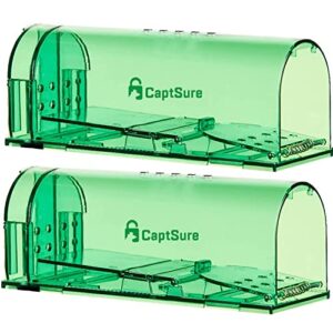 captsure original humane mouse traps, easy to set, kids/pets safe, reusable for indoor/outdoor use, for small rodent/voles/hamsters/moles catcher that works. 2 pack (s-rounded, green)