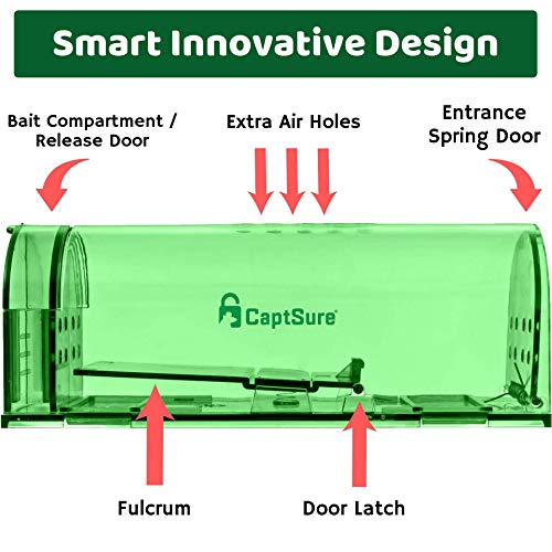 CaptSure Original Humane Mouse Traps, Easy to Set, Kids/Pets Safe, Reusable for Indoor/Outdoor use, for Small Rodent/Voles/Hamsters/Moles Catcher That Works. 2 Pack (S-Rounded, Green)