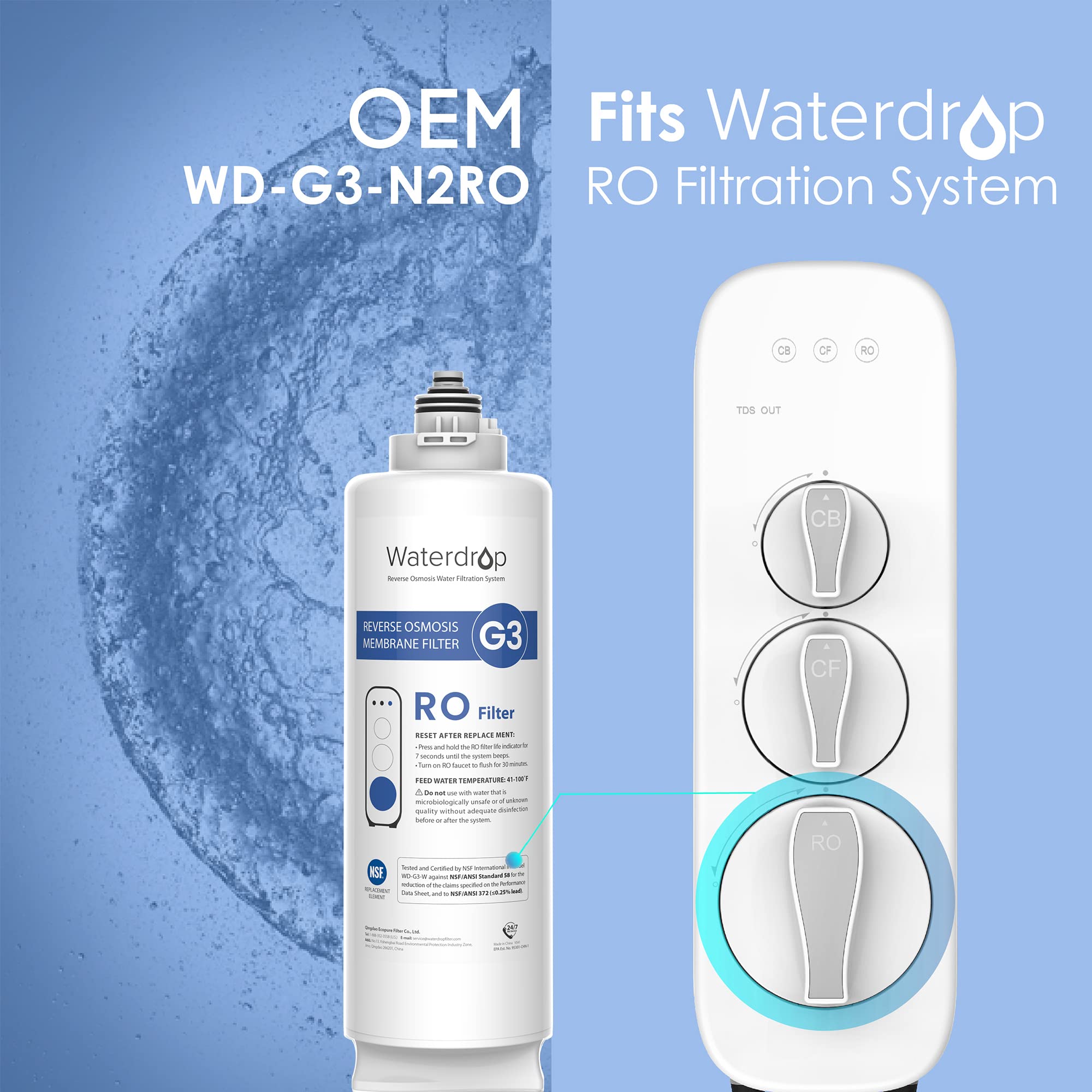 Waterdrop WD-G3-N2RO Filter, NSF Certified, Replacement for WD-G3-W Reverse Osmosis System, 2-year Lifetime