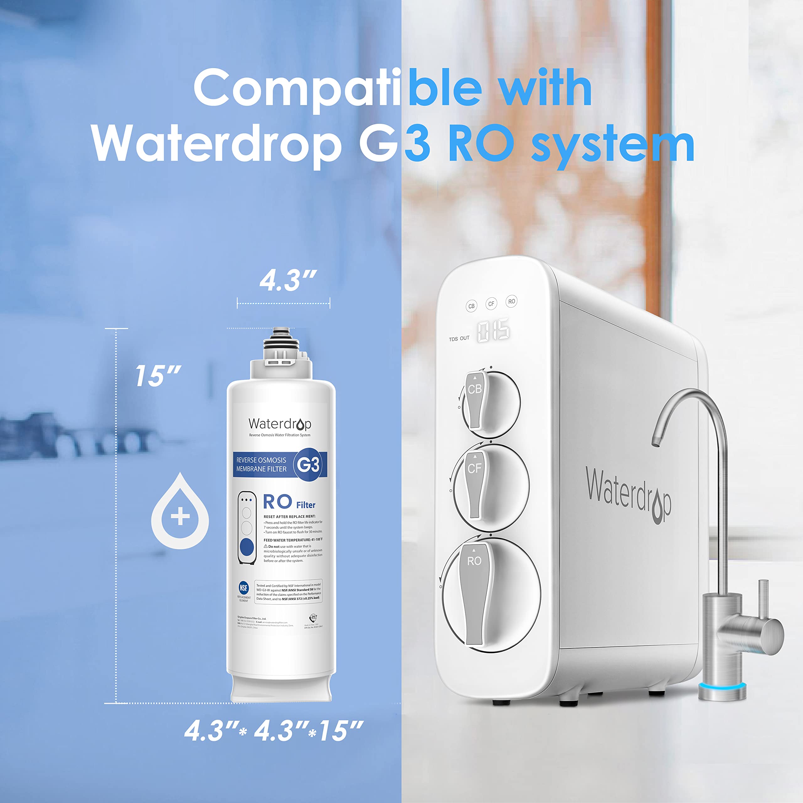 Waterdrop WD-G3-N2RO Filter, NSF Certified, Replacement for WD-G3-W Reverse Osmosis System, 2-year Lifetime