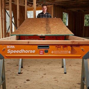 BORA Portamate Speedhorse Sawhorse - 45-in W x 30-in H Single Piece Table Stand with Folding Legs, Metal Top for 2x4, Heavy Duty Pro Bench Saw Horse for Woodworking, Carpenters, Contractors, PM-4500,Orange