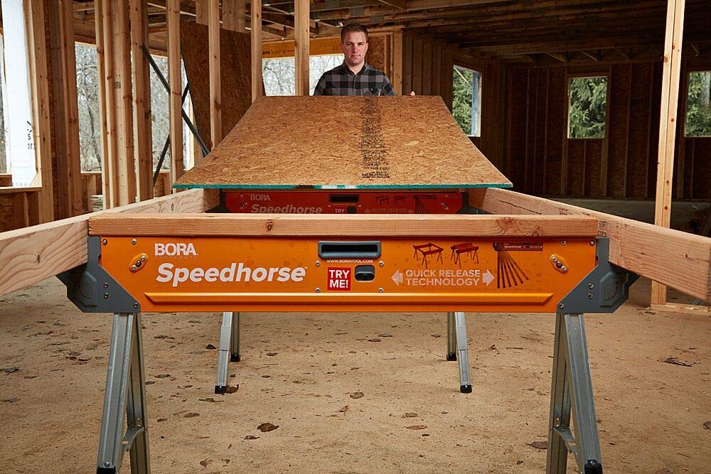 BORA Portamate Speedhorse Sawhorse - 45-in W x 30-in H Single Piece Table Stand with Folding Legs, Metal Top for 2x4, Heavy Duty Pro Bench Saw Horse for Woodworking, Carpenters, Contractors, PM-4500,Orange