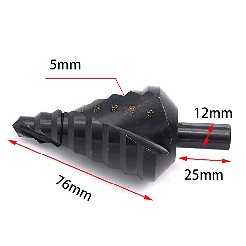 Meichoon Step Drill Bit Set 10-45mm HSS Triangle Shank Spiral Flute Large Bit Nitride Pagoda Step Drill for Carbon Steel, Sheet Iron, Insulation Boards, PVC Boards,Planks DC15 Black