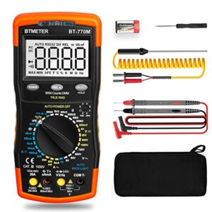 digital multimeter trms 6000 count, btmeter bt-770m auto/manual ranging dmm electrical meter tester for ac/dc amp, ac/dc volt, ohm capacitance frequency continuity temperature ncv, auto backlight