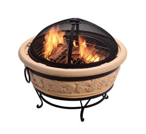 teamson home wood burning fire pit with spark screen, fireplace poker, grilling grate, and bbq grill for outdoor patio garden backyard decking, 27 inch length, light brown