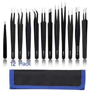 boenfu precision tweezer set anti-static esd needle nose tweezers for craft, soldering, jewelry, ingrown, eyelash, electronics, 12-pcs