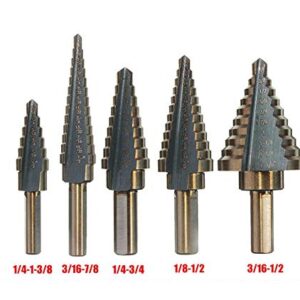 Meichoon HSS Step Drill Bit Set 5Pcs 1/4-1-3/8" 3/16-7/8" 1/4-3/4" 1/8-1/2" 3/16-1/2", British System Titanium Coated Triangle Shank Multifunction Pagoda Drill DC14