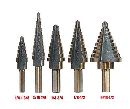 Meichoon HSS Step Drill Bit Set 5Pcs 1/4-1-3/8" 3/16-7/8" 1/4-3/4" 1/8-1/2" 3/16-1/2", British System Titanium Coated Triangle Shank Multifunction Pagoda Drill DC14