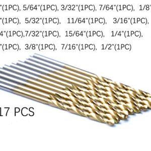 17pcs Titanium Coated Twist Drill Bit Set 1/16" - 1/2" for Metal Steel