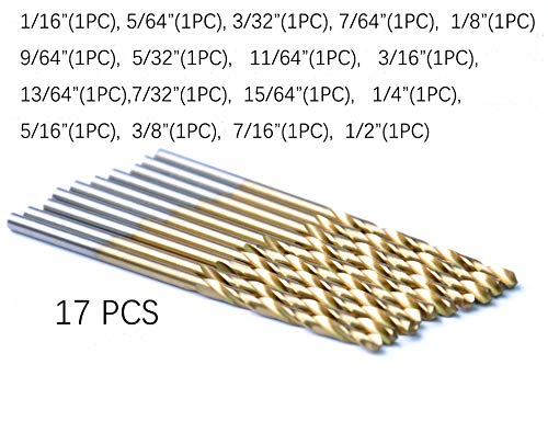 17pcs Titanium Coated Twist Drill Bit Set 1/16" - 1/2" for Metal Steel