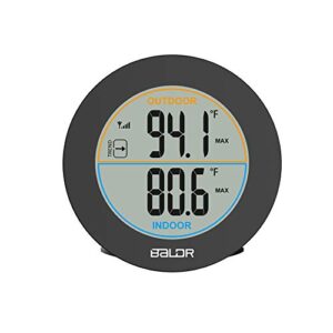 baldr wireless indoor/outdoor thermometer - surface or wall mounted temperature monitor, 2.5” lcd display thermometer with min/max records & trend arrows sign - portable home weather station (black)