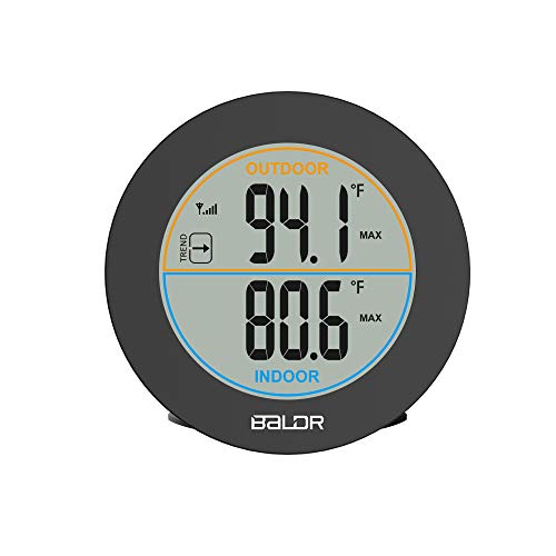 BALDR Wireless Indoor/Outdoor Thermometer - Surface or Wall Mounted Temperature Monitor, 2.5” LCD Display Thermometer with Min/Max Records & Trend Arrows Sign - Portable Home Weather Station (Black)