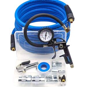 YOTOO Air Compressor Accessories Kit, Heavy Duty 20-Piece 1/4" NPT Air Accessory Tool Kit, 25 ft Hybrid Air Compressor Hose Kit with 100 PSI Tire Inflator Gauge, Blow Gun and Air Hose Fittings