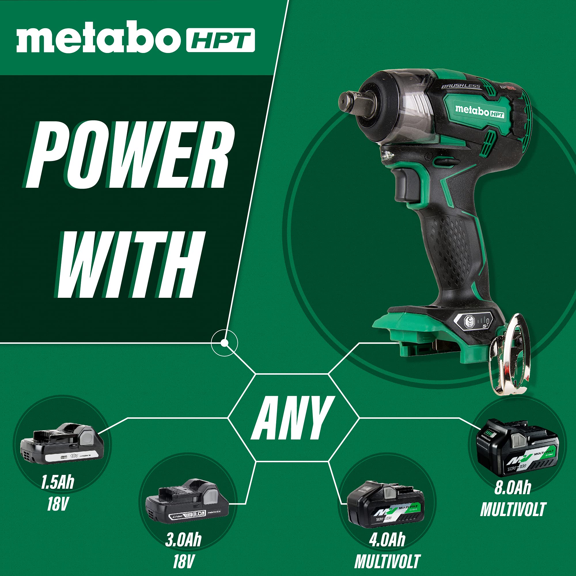 Metabo HPT 18V Cordless Impact Wrench | 225'-LBS of Torque | 1/2" Square Drive | IP56 Compliant | LED Light | 4-Stage Electronic Speed Switch | Brushless | Tool Only - No Battery | WR18DBDL2Q4
