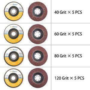 LotFancy Flap Discs 4 1/2 for Angle Grinder, 20PCS, 40 60 80 120 Grit Sanding Disc, 4.5 x 7/8 Inch Grinding Wheels Welding Tools, Aluminum Oxide Abrasive, Type 27