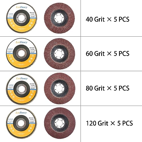 LotFancy Flap Discs 4 1/2 for Angle Grinder, 20PCS, 40 60 80 120 Grit Sanding Disc, 4.5 x 7/8 Inch Grinding Wheels Welding Tools, Aluminum Oxide Abrasive, Type 27