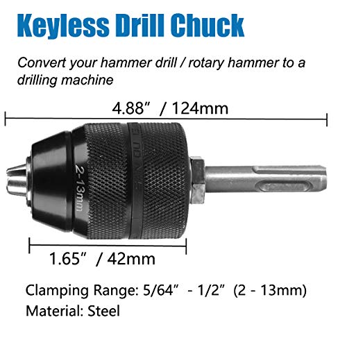 Hymnorq 1/2-20UNF Keyless 1.5-13mm 3-Jaw Drill Chuck with SDS Plus Shank Adaptor, Full Metal Body, Fit Rotary Hammer and Hammer Drill, to Hold Bits from 1/16 Inch to 1/2 Inch