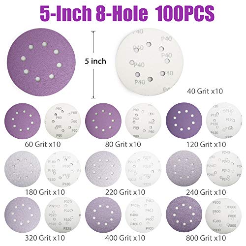 LotFancy Sanding Discs 5 Inch 8 Hole, 100PCS 40 60 80 120 180 220 240 320 400 800 Grit Assorted Professional Sandpaper, Hook and Loop Random Orbital Sander Round Sand Paper