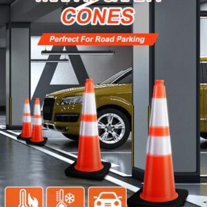 (8 Cones) BESEA 28” inch Orange PVC Traffic Cones, Black Base Construction Safety Cones Road Parking Cone Structurally Stable Wearproof (28" Height)