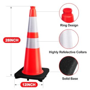 (8 Cones) BESEA 28” inch Orange PVC Traffic Cones, Black Base Construction Safety Cones Road Parking Cone Structurally Stable Wearproof (28" Height)