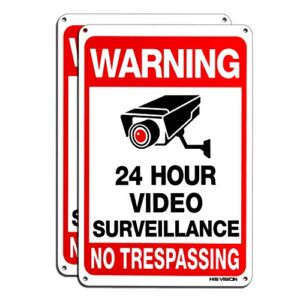 hisvision video surveillance sign 2-pack, no trespassing metal reflective warning sign, uv protected & waterproof, 10"x 7" 0.40 aluminum indoor or outdoor for home house and business easy to install