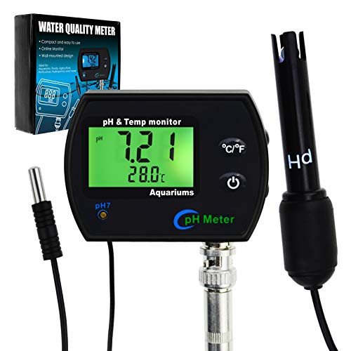 PH & Temperature 2-in-1 Continuous Monitor Meter w/Backlight Replaceable Electrode, Dual Display 0.00~14.00pH °C/ °F Water Quality Monitoring Kit, for Aquariums Hydroponics Pools Tanks Spa