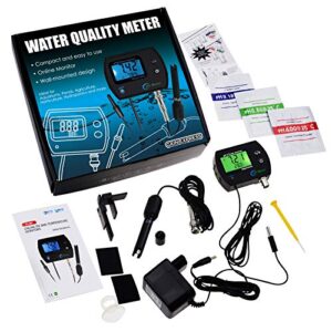 PH & Temperature 2-in-1 Continuous Monitor Meter w/Backlight Replaceable Electrode, Dual Display 0.00~14.00pH °C/ °F Water Quality Monitoring Kit, for Aquariums Hydroponics Pools Tanks Spa