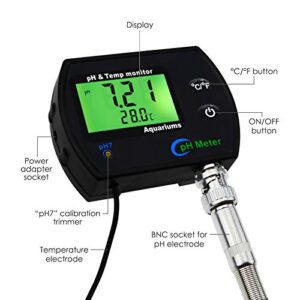 PH & Temperature 2-in-1 Continuous Monitor Meter w/Backlight Replaceable Electrode, Dual Display 0.00~14.00pH °C/ °F Water Quality Monitoring Kit, for Aquariums Hydroponics Pools Tanks Spa