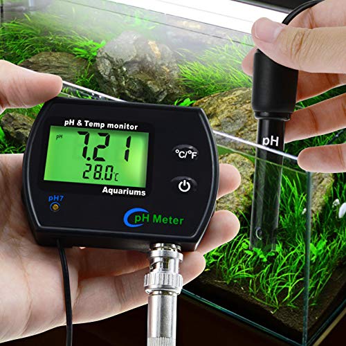 PH & Temperature 2-in-1 Continuous Monitor Meter w/Backlight Replaceable Electrode, Dual Display 0.00~14.00pH °C/ °F Water Quality Monitoring Kit, for Aquariums Hydroponics Pools Tanks Spa