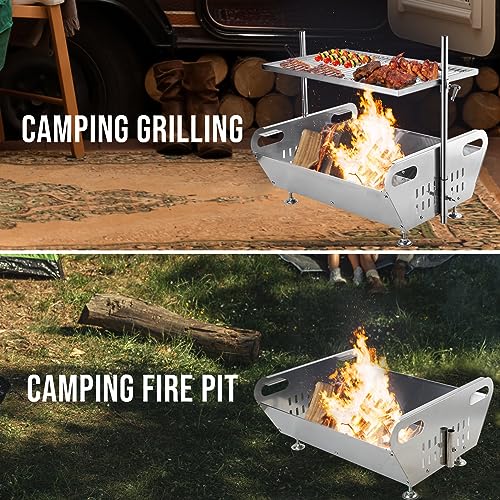 Skyflame Outdoor Fire Pit Grill Combo - Stainless Steel Wood Burning Fire Pit with Height Adjustable Cooking Grate Camping Grill Kit for Backyard Patio Hiking Backpacking Picnic Travel Tailgating