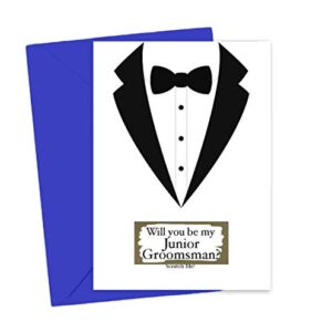 Tuxedo Will You Be My Junior Groomsman Scratch Off Card, Proposal Card for Brother, Nephew, Friernd, Godson, Son, from Bride and Groom (Tux Usher) (Tux Jr. Groomsman)