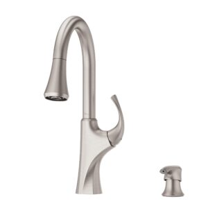 pfister miri kitchen faucet with pull down sprayer and soap dispenser, single handle, high arc, spot defense stainless steel finish, f5297mrgs