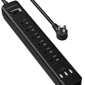 Power Strip with USB, ETL Listed, SUPERDANNY Surge Protector (2100J), Flat Plug Extension Cord 5ft 15A 1875W, 6 Outlets 3 USB Ports, Wall Mount, Safety Covers for Home Office Garage Kitchen, Black