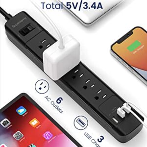 Power Strip with USB, ETL Listed, SUPERDANNY Surge Protector (2100J), Flat Plug Extension Cord 5ft 15A 1875W, 6 Outlets 3 USB Ports, Wall Mount, Safety Covers for Home Office Garage Kitchen, Black