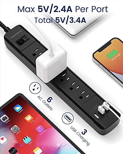 Power Strip with USB, ETL Listed, SUPERDANNY Surge Protector (2100J), Flat Plug Extension Cord 5ft 15A 1875W, 6 Outlets 3 USB Ports, Wall Mount, Safety Covers for Home Office Garage Kitchen, Black