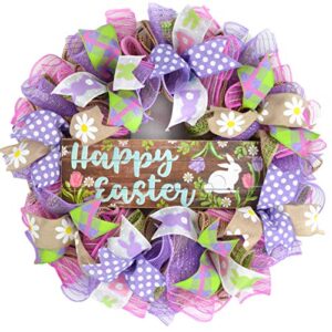 happy easter decorations - easter wreaths for door - bunny welcome door wreath - purple jute burlap pink