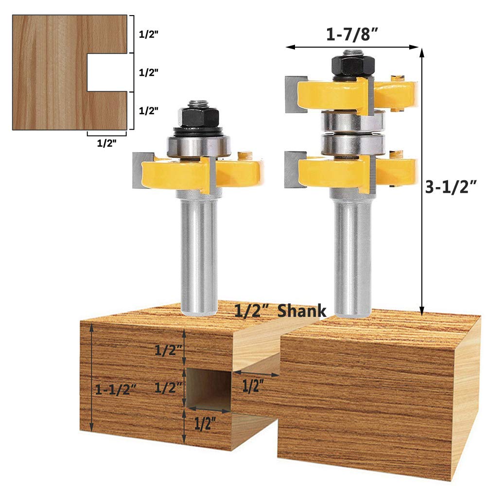 Yakamoz 1/2 Inch Shank Adjustable Tongue and Groove Router Bit Set 1-1/2" Stock Woodworking Cutting Milling Tools