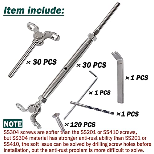 Deck Man T316-Stainless Steel Adjustable Angle 1/8" Cable Railing Kit/Hardware for Wood Post，Marine Grade (30 Pack)