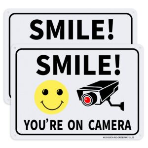 hisvision 2 pack smile you're on camera, video surveillance sign, 10"x7" rust free aluminum metal warning sign uvresistance, waterproof, easy to install for home house and business